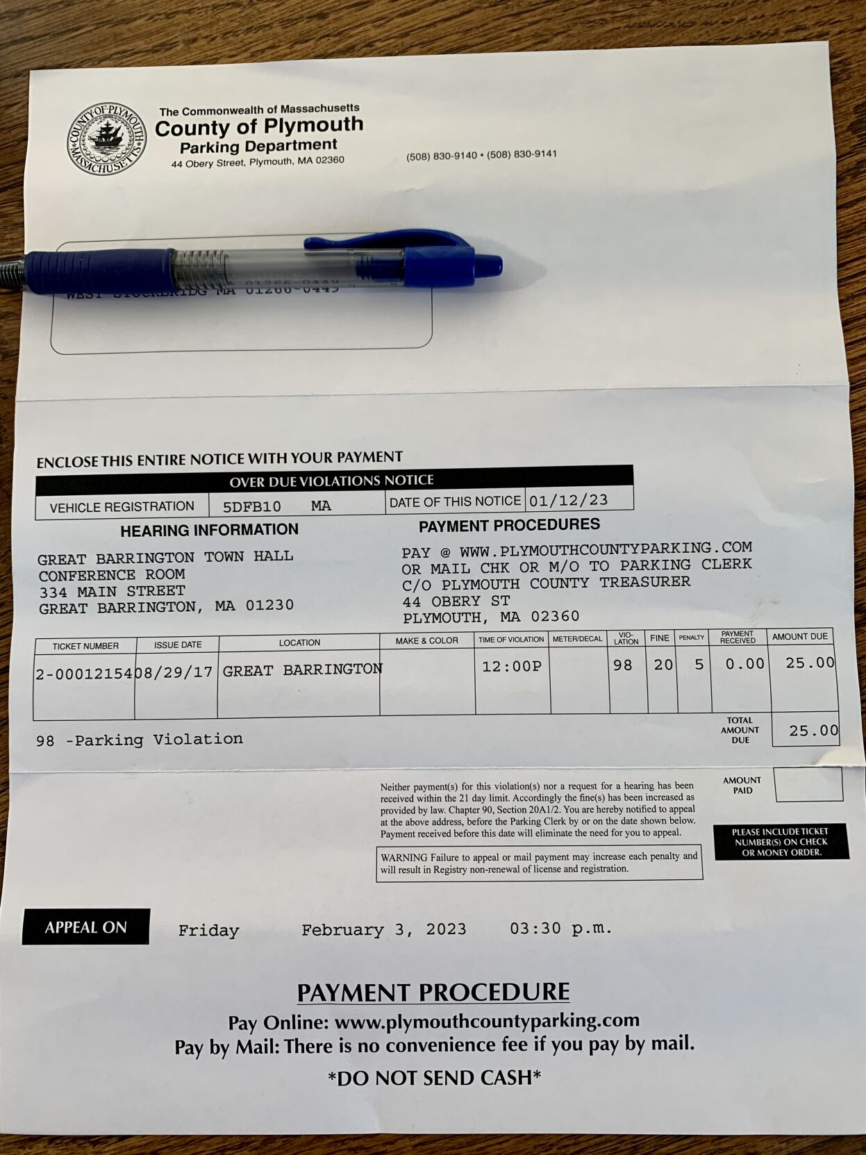 Great Barrington Plymouth parking tickets